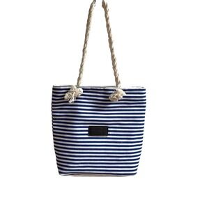 Threaded Pear Tote Bag Womens Blue White Nautical Striped Rope Handle Canvas‎